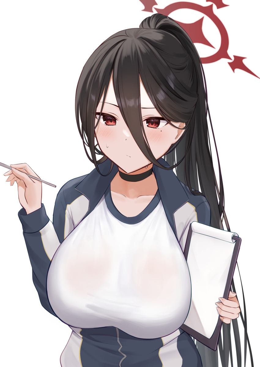 absurdres black_choker black_hair blue_archive blush breasts choker closed_mouth commentary_request female gym_uniform hair_between_eyes halo hasumi_(blue_archive) hasumi_(track)_(blue_archive) highres holding holding_pen large_breasts long_hair mochiko_(uyu_omochi) mole mole_under_eye official_alternate_costume partial_commentary pen ponytail red_eyes simple_background solo white_background