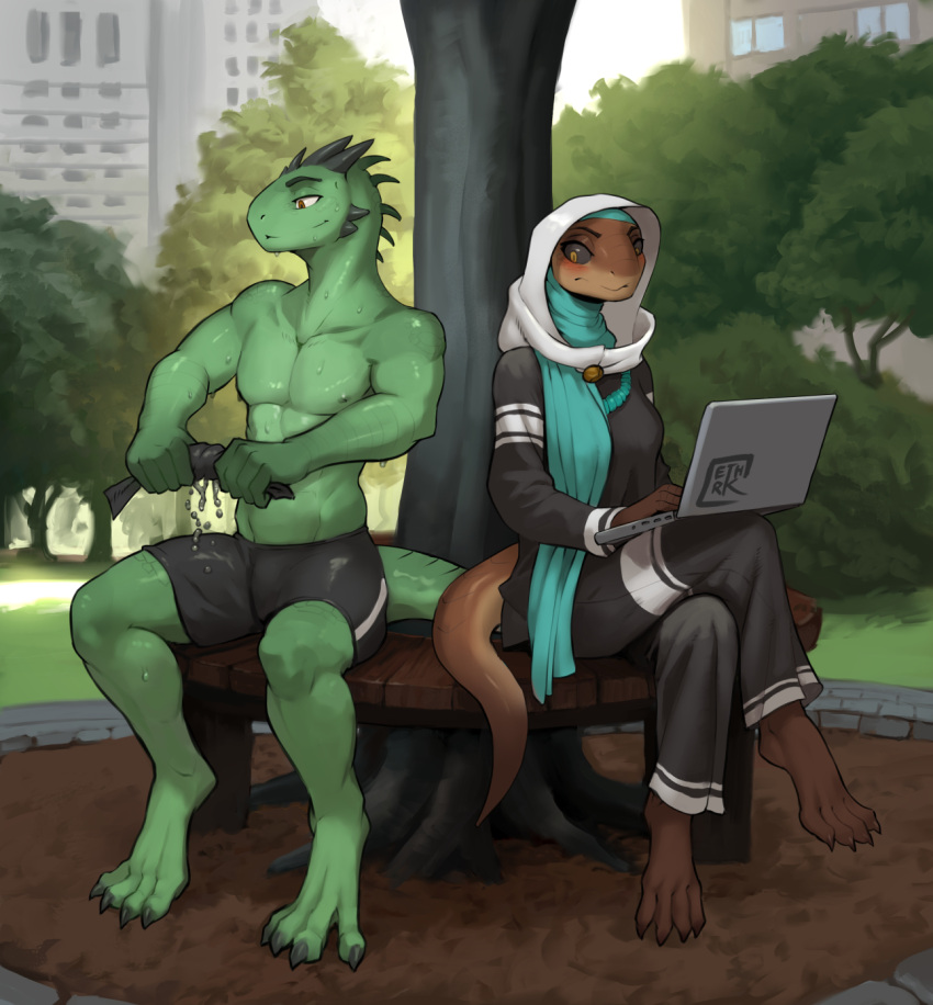 anthro blush bodily_fluids bottomwear brown_body brown_scales city clothed clothing computer detailed_background duo electronics ethrk female fully_clothed green_body green_scales headgear headwear hi_res hijab laptop lizard male muscular muscular_anthro muscular_male outside park pecs plant religious_clothing religious_headwear reptile scales scalie shorts side_by_side sitting smile sweat topless tree