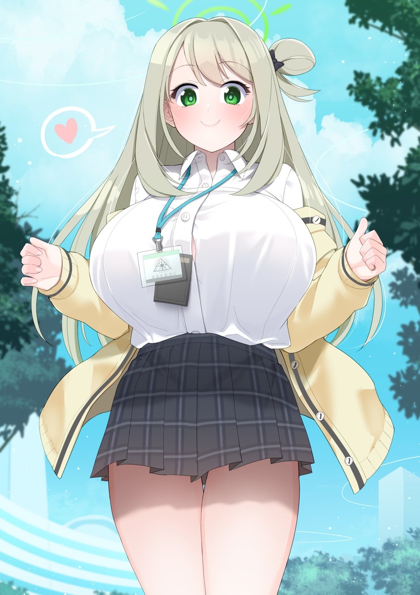 akitokage blue_archive blush breasts female green_eyes hair_bun hair_ribbon heart highres id_card large_breasts long_hair long_sleeves looking_at_viewer nonomi_(blue_archive) outdoors pleated_skirt ribbon single_hair_bun skirt solo sweater very_long_hair