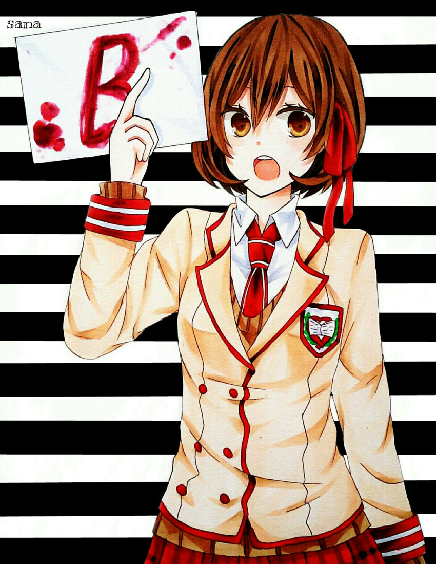 b-ko_(shuuen_no_shiori) blazer blood blood_stain blood_writing brown_eyes brown_hair buttons cardigan character_name double-breasted dress_shirt emblem female hair_between_eyes hair_ribbon highres holding holding_paper index_finger_raised jacket long_sleeves marker_(medium) monochrome_background necktie open_mouth paper plaid plaid_skirt red_necktie red_ribbon red_skirt ribbon sana_(pixiv9845436) school_emblem school_uniform shirt short_hair shouting shuuen_no_shiori_project skirt sleeve_cuffs solo striped striped_background sweater traditional_media upper_body white_shirt wing_collar