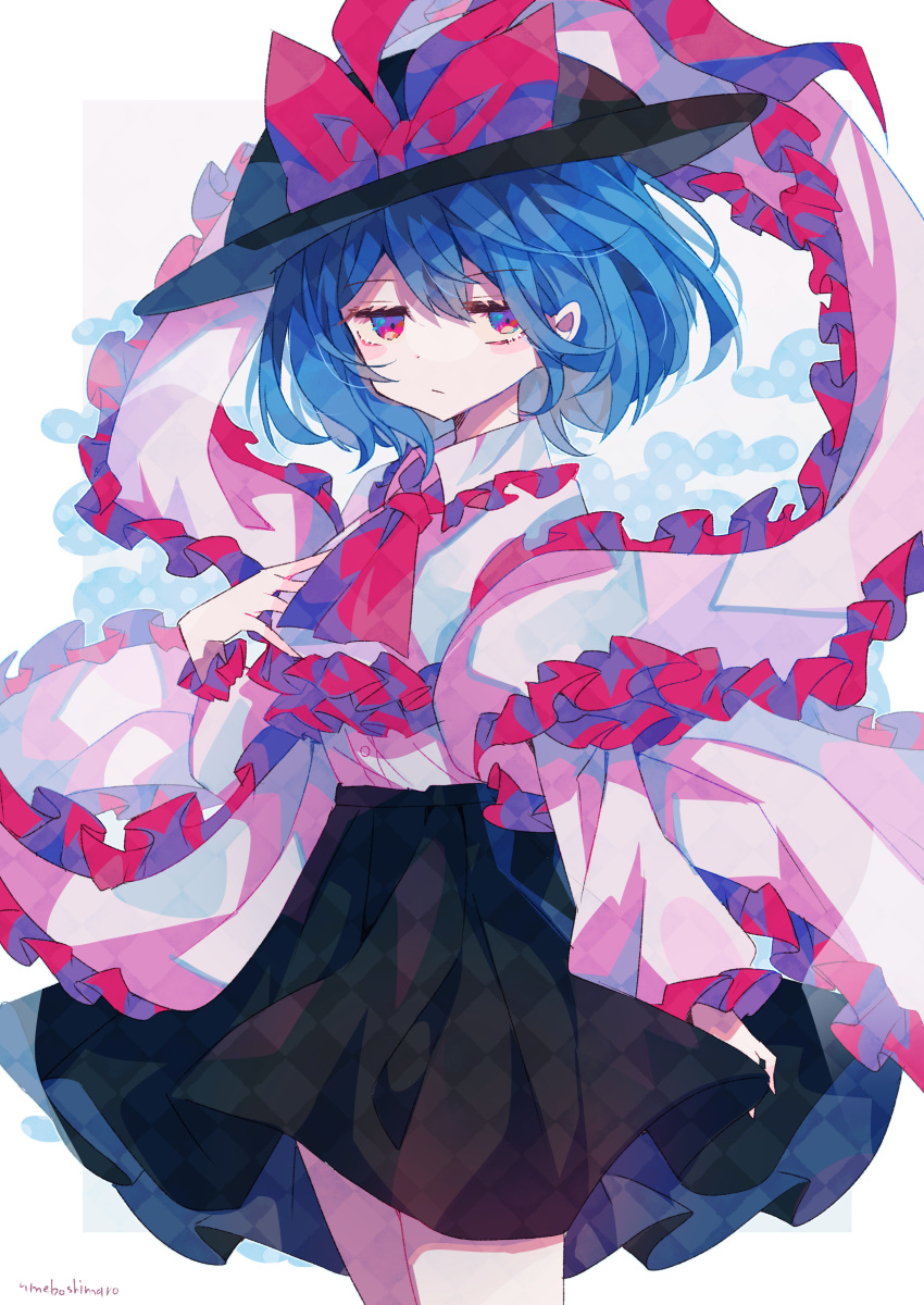 absurdres ascot black_skirt blue_hair bow collared_shirt female frilled_shawl frilled_shirt frilled_shirt_collar frilled_sleeves frills hagoromo hand_on_own_chest hat hat_bow hat_ribbon highres long_sleeves looking_at_viewer nagae_iku pink_shirt red_ascot red_eyes red_ribbon ribbon shawl shirt short_hair skirt touhou umemaro_(siona0908) wide_sleeves