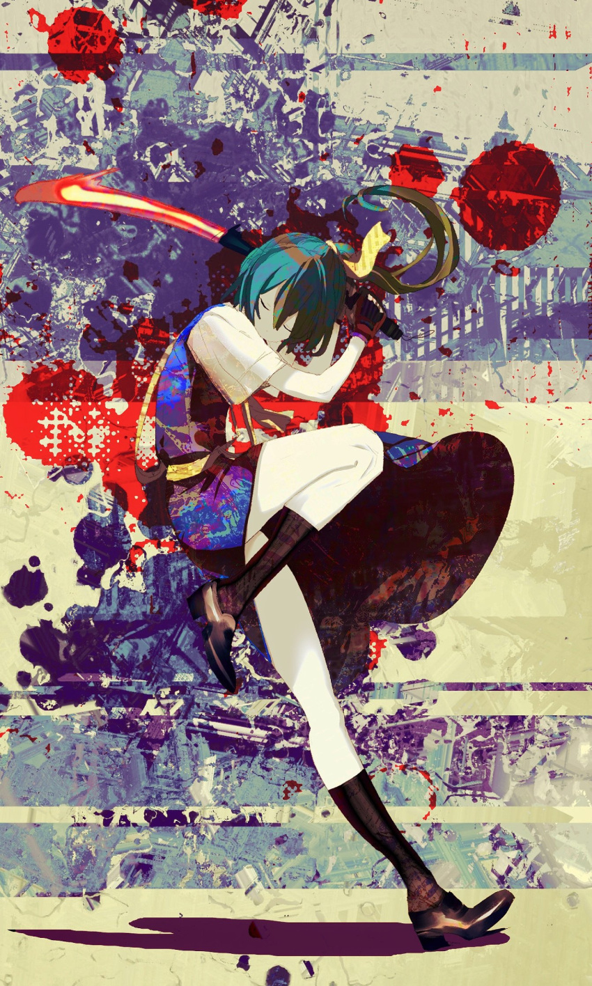 abstract_background ascot black_footwear black_socks blue_skirt blue_vest bow chinese_commentary closed_eyes closed_mouth colored_skin commentary cookie_(touhou) daiyousei diyusi_(cookie) female full_body green_hair hairbow high-visibility_vest highres holding long_hair on_(_l0_) ponytail sash shirt shoes short_sleeves skirt socks solo touhou traffic_baton vest white_shirt white_skin yellow_ascot