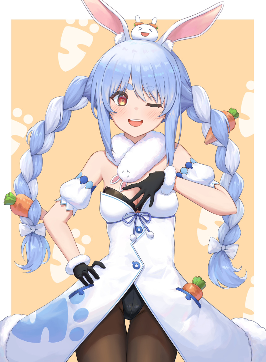 >_< :d ;d absurdres animal_ear_fluff animal_ears bangs black_gloves black_leotard blue_hair bow braid breasts brown_legwear carrot_hair_ornament commentary_request detached_sleeves don-chan_(usada_pekora) dress eyebrows_visible_through_hair female food-themed_hair_ornament fur_scarf gloves hair_ornament hairbow hand_on_hip hand_on_own_chest highres hololive leotard multicolored_hair nousagi_(usada_pekora) one_eye_closed open_mouth pantyhose rabbit_ears red_eyes short_eyebrows short_sleeves small_breasts smile teeth thick_eyebrows twin_braids twintails two-tone_hair upper_teeth usada_pekora virtual_youtuber white_bow white_dress white_hair xd yihsien