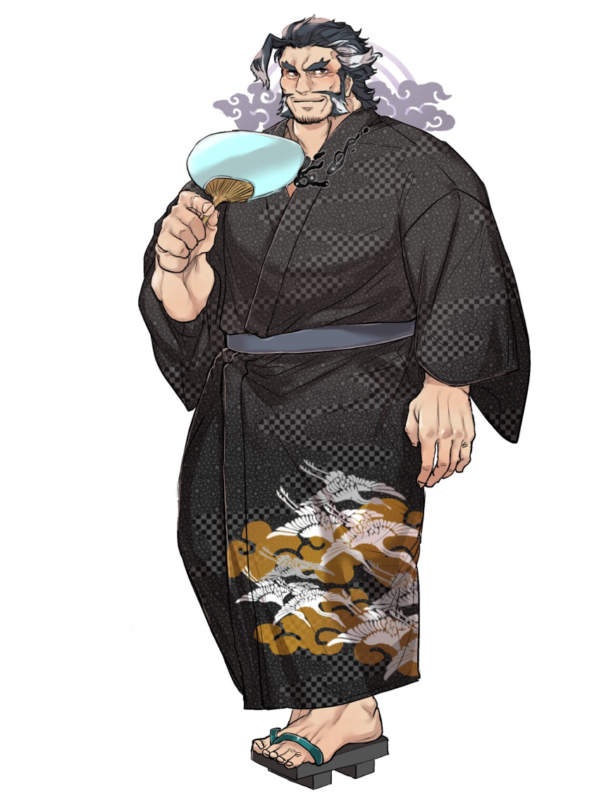 1boy arm_at_side bara beard black_kimono brown_eyes daikoku_(housamo) facial_hair forked_eyebrows full_body halo halo_behind_head hand_fan highres holding holding_fan japanese_clothes kimono looking_at_viewer male_focus moustache multicolored_hair mutton_chops sandals shiratori_yokikana short_hair sideburns simple_background solo thick_eyebrows tokyo_afterschool_summoners two-tone_hair white_background white_hair