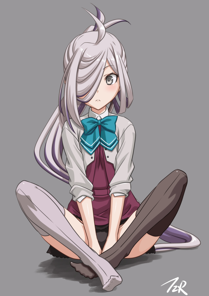 ahoge asashimo_(kancolle) asashimo_kai_ni_(kancolle) asymmetrical_legwear black_panties black_thighhighs blazer commentary female full_body grey_background grey_eyes grey_hair grey_legwear hair_over_one_eye highres indian_style jacket kantai_collection long_hair looking_at_viewer mismatched_legwear panties ponytail school_uniform simple_background sitting sleeves_rolled_up solo t2r thighhighs underwear