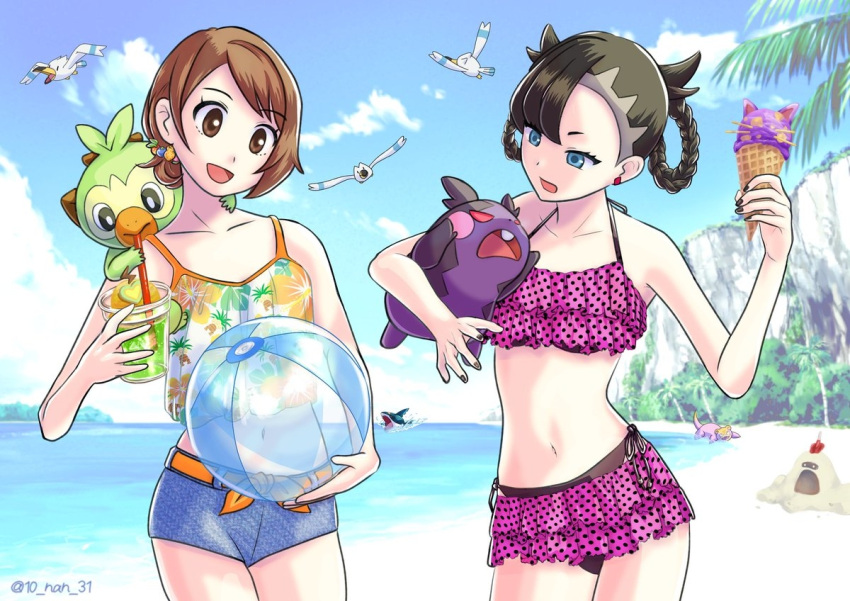 2girls asymmetrical_bangs ball beach beachball bikini bikini_over_clothes black_bikini black_hair black_nails blue_eyes breasts brown_eyes brown_hair drink drinking_straw earrings folded_braid food frilled_bikini frills galarian_slowpoke gloria_(pokemon) grookey holding holding_ball holding_beachball holding_drink holding_food holding_ice_cream holding_pokemon ice_cream jewelry juunanzai marnie_(pokemon) midriff morpeko morpeko_(hangry) multiple_girls nail_polish navel ocean on_shoulder open_mouth outdoors palm_tree pokemon pokemon_(creature) pokemon_on_shoulder pokemon_swsh purple_bikini sandygast sharpedo short_hair short_shorts shorts side-tie_bikini_bottom small_breasts smile swimsuit tank_top tree twitter_username wingull