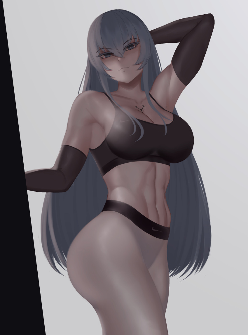 abs absurdres akame_ga_kill! bad_id bad_pixiv_id black_gloves black_sports_bra blue_eyes blue_hair breasts cleavage doorway elbow_gloves esdeath female gloves highres large_breasts long_hair looking_at_viewer nike_(company) pants sports_bra sportswear toned white_pants yoga_pants zaki_(zaki_btw)