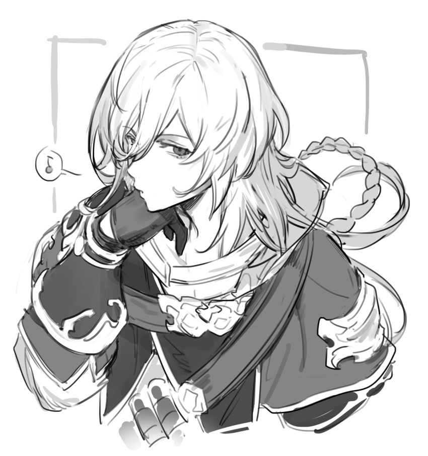 1boy bracelet braid commentary_request gloves granblue_fantasy greyscale hair_over_one_eye hand_on_own_face highres jewelry lamorak_(granblue_fantasy) long_bangs long_hair looking_to_the_side male_focus monochrome pursed_lips solo tekki_(tki) whistle white_background