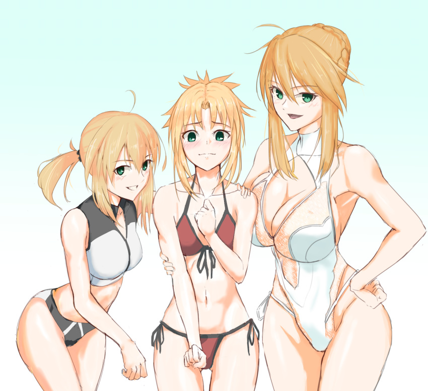 3girls ahoge artoria_pendragon_(fate) artoria_pendragon_(swimsuit_archer)_(fate) artoria_pendragon_(swimsuit_archer)_(second_ascension)_(fate) artoria_pendragon_(swimsuit_ruler)_(fate) artoria_pendragon_(swimsuit_ruler)_(second_ascension)_(fate) bare_shoulders bikini blonde_hair blue_background blush braid breast_cutout breasts cleavage cleavage_cutout closed_mouth clothing_cutout collarbone commentary_request cowboy_shot eyes_visible_through_hair fate/grand_order fate_(series) gradient_background green_eyes grey_bikini hair_between_eyes hair_bun hand_on_another's_shoulder hand_on_own_hip highres large_breasts leotard looking_at_viewer low_ponytail medium_breasts medium_hair mordred_(fate) mordred_(swimsuit_rider)_(fate) mordred_(swimsuit_rider)_(first_ascension)_(fate) multiple_girls navel negajo one-piece_swimsuit open_mouth parted_bangs ponytail red_bikini sidelocks single_hair_bun sleeveless small_breasts smile standing stomach swimsuit teeth thighs tongue white_background white_bikini white_one-piece_swimsuit