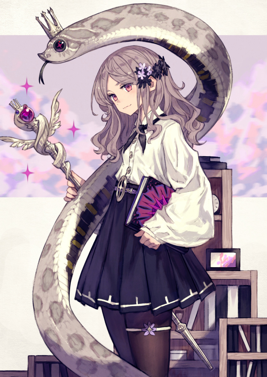 absurdres black_pantyhose book brown_eyes female flower grey_hair hair_flower hair_ornament highres holding holding_staff kusano_shinta long_hair original pantyhose pleated_skirt profile shirt skirt snake solo staff standing white_shirt