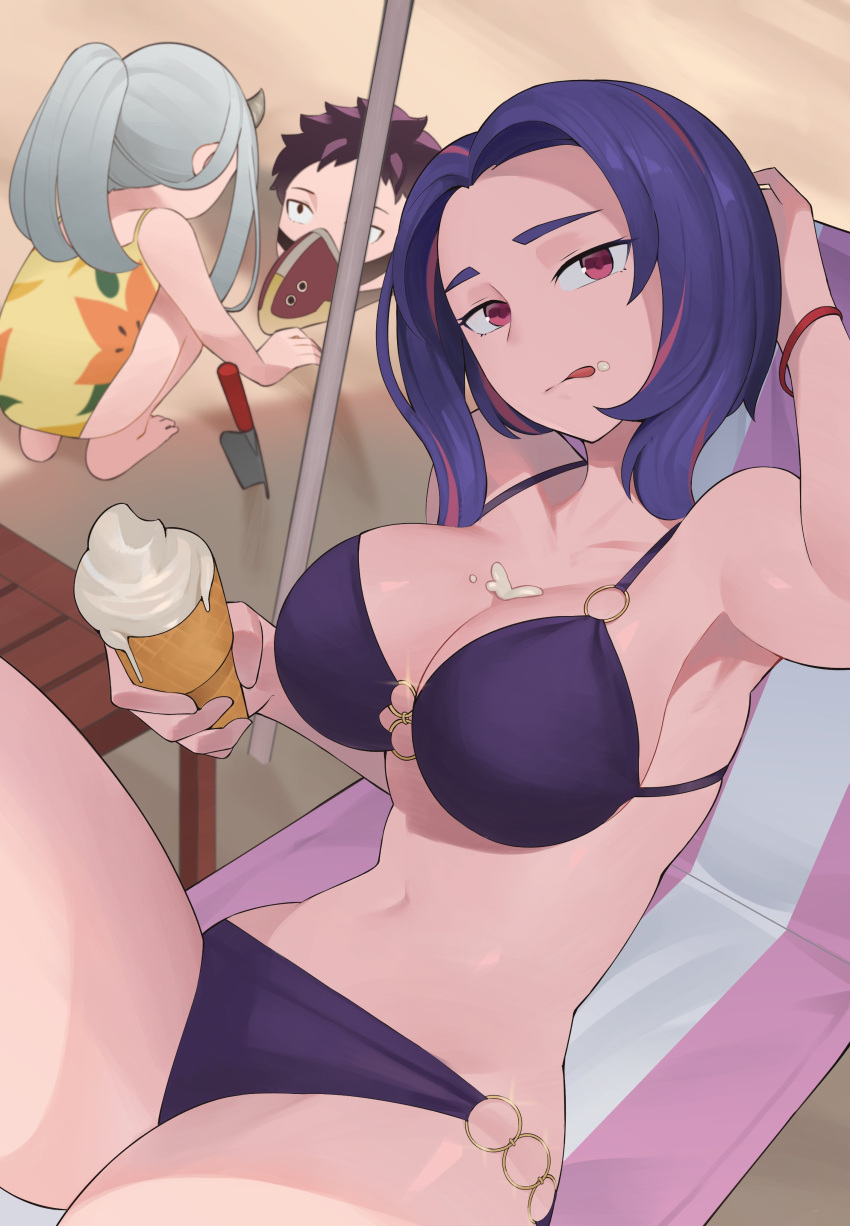 1boy 2girls absurdres arm_behind_head beach beach_chair bikini boku_no_hero_academia bracelet breasts casual_one-piece_swimsuit cleavage commentary eri_(boku_no_hero_academia) floral_print food food_on_body food_on_breasts grey_hair highres holding holding_food holding_ice_cream horns ice_cream jewelry koyap lady_nagant large_breasts long_hair looking_at_another looking_at_viewer lying mask mouth_mask multicolored_hair multiple_girls navel o-ring o-ring_bikini on_back one-piece_swimsuit overhaul_(boku_no_hero_academia) parted_bangs pink_hair ponytail purple_bikini purple_eyes purple_hair sand short_hair single_horn solo_focus squatting stomach swimsuit symbol-only_commentary thighs tongue tongue_out two-tone_hair yellow_one-piece_swimsuit