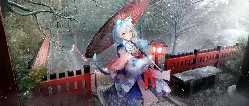 3d_background ahoge animal_ear_fluff animal_ears bad_id bad_pixiv_id blue_hair boots bow cat_ears cat_girl cat_tail colored_tips commentary elf female floral_print hair_ornament hairclip hakama hakama_skirt highres hinata_(hinata-ur) holding holding_umbrella hololive japanese_clothes kimono long_hair low_twintails multicolored_hair official_alternate_hairstyle oil-paper_umbrella outdoors pointy_ears print_kimono red_bow ribbon skirt smile solo streaked_hair tail tail_ornament tail_ribbon torii twintails umbrella virtual_youtuber yellow_eyes yukata yukihana_lamy yukihana_lamy_(new_year)