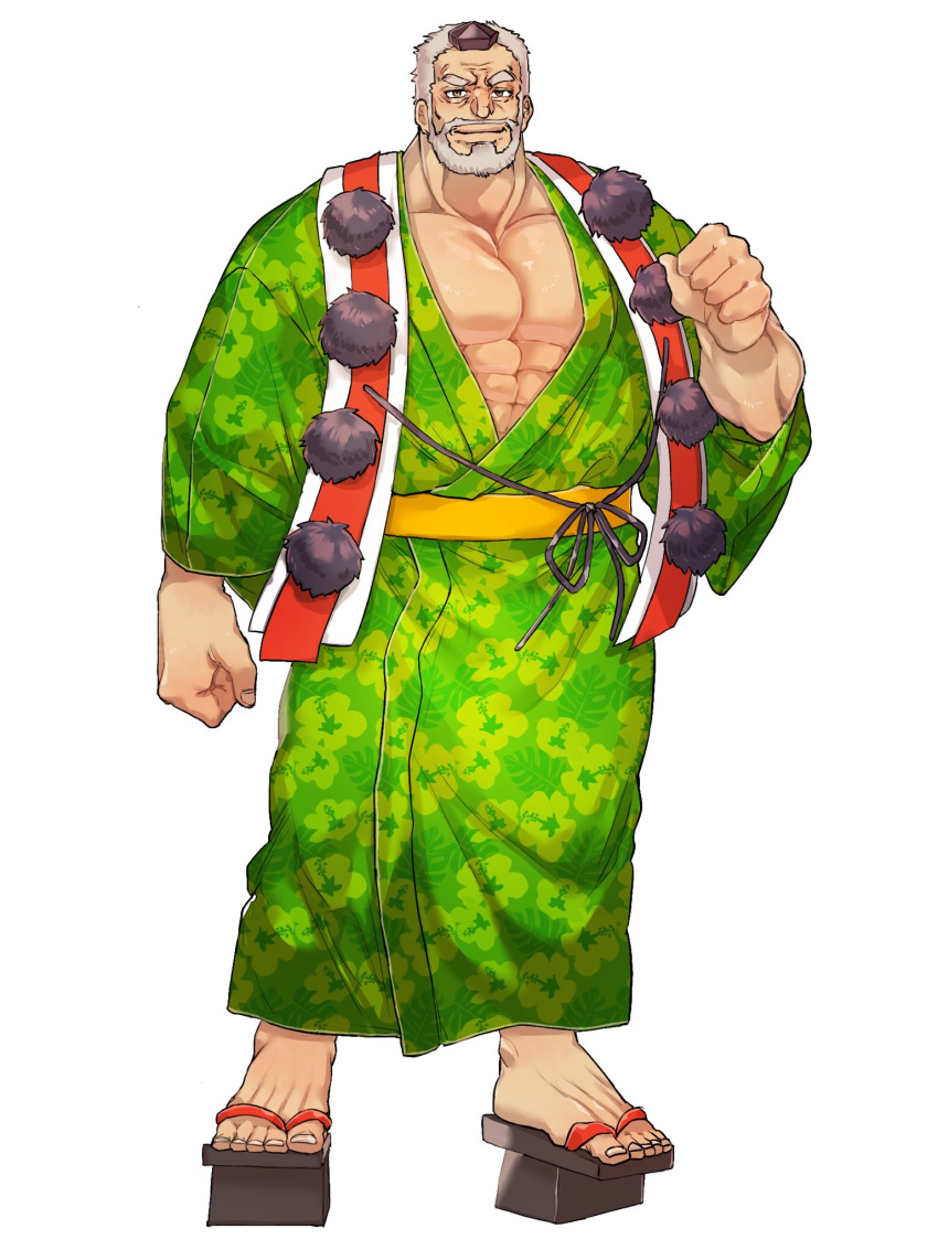 1boy abs arm_at_side bara beard clenched_hand facial_hair floral_print full_body green_kimono hat highres hogen_(housamo) horns japanese_clothes kimono looking_at_viewer male_focus muscular muscular_male old old_man open_clothes open_shirt pectoral_cleavage pectorals shiratori_yokikana single_horn solo standing tokin_hat tokyo_afterschool_summoners white_background white_hair