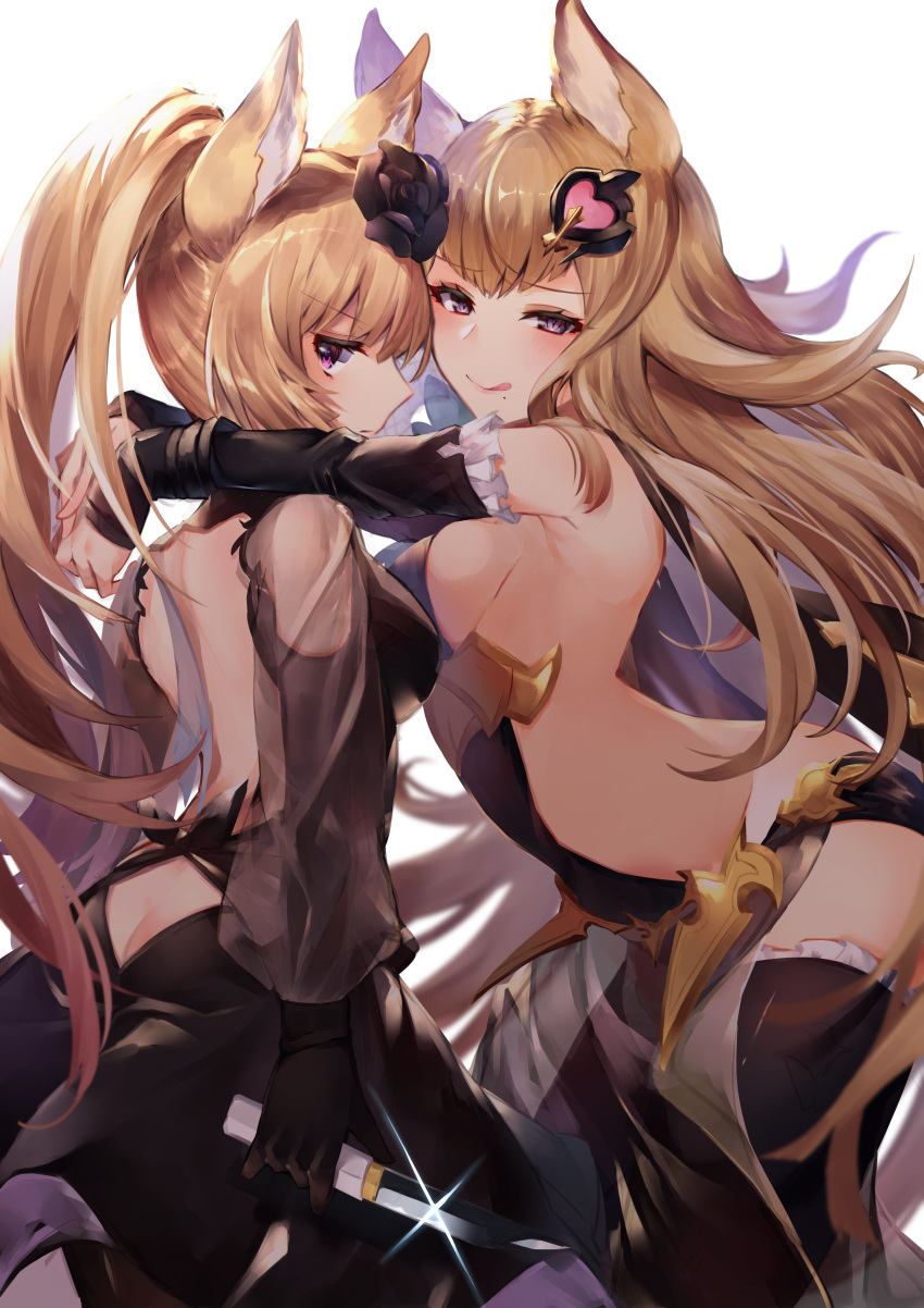 2girls 40_(0f0urw) :p absurdres animal_ears bare_back bare_shoulders black_dress black_gloves blonde_hair breasts brown_eyes brown_hair dress elbow_gloves erune expressionless fingerless_gloves flower gloves granblue_fantasy hair_flower hair_ornament highres hug knife long_hair looking_at_viewer metera_(granblue_fantasy) mole mole_under_mouth multiple_girls ponytail sideboob simple_background smile tongue tongue_out trait_connection yuisis_(granblue_fantasy)