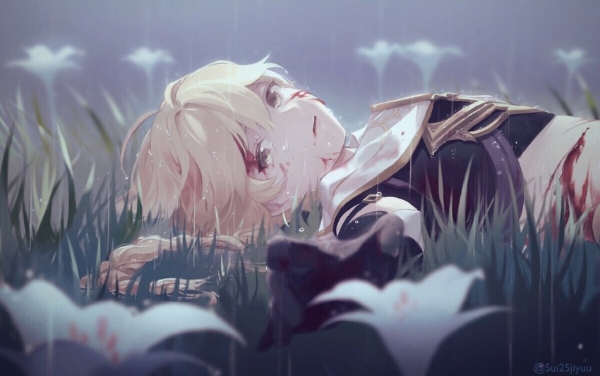 1boy aether_(genshin_impact) bad_id bad_twitter_id black_gloves blonde_hair blood blood_on_face blurry blurry_foreground braid cuts flower genshin_impact gloves grass hair_between_eyes injury long_hair looking_at_viewer lying male_focus outdoors parted_lips rain reaching reaching_towards_viewer short_sleeves single_braid solo sui25jiyuu twitter_username upper_body wet white_flower yellow_eyes