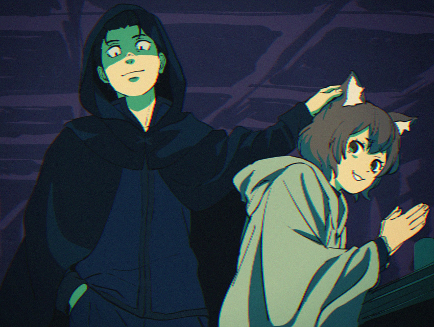 2boys animal_ear_fluff animal_ears black_hair brown_hair cloak closed_mouth commentary_request eyelashes felix_argyle from_below hand_in_pocket highres hood hood_up indoors iwamushi jacket long_sleeves looking_back male_focus multiple_boys natsuki_subaru own_hands_together pants parted_lips raised_eyebrows re:zero_kara_ayamatsu_isekai_seikatsu re:zero_kara_hajimeru_isekai_seikatsu short_eyebrows short_hair smile