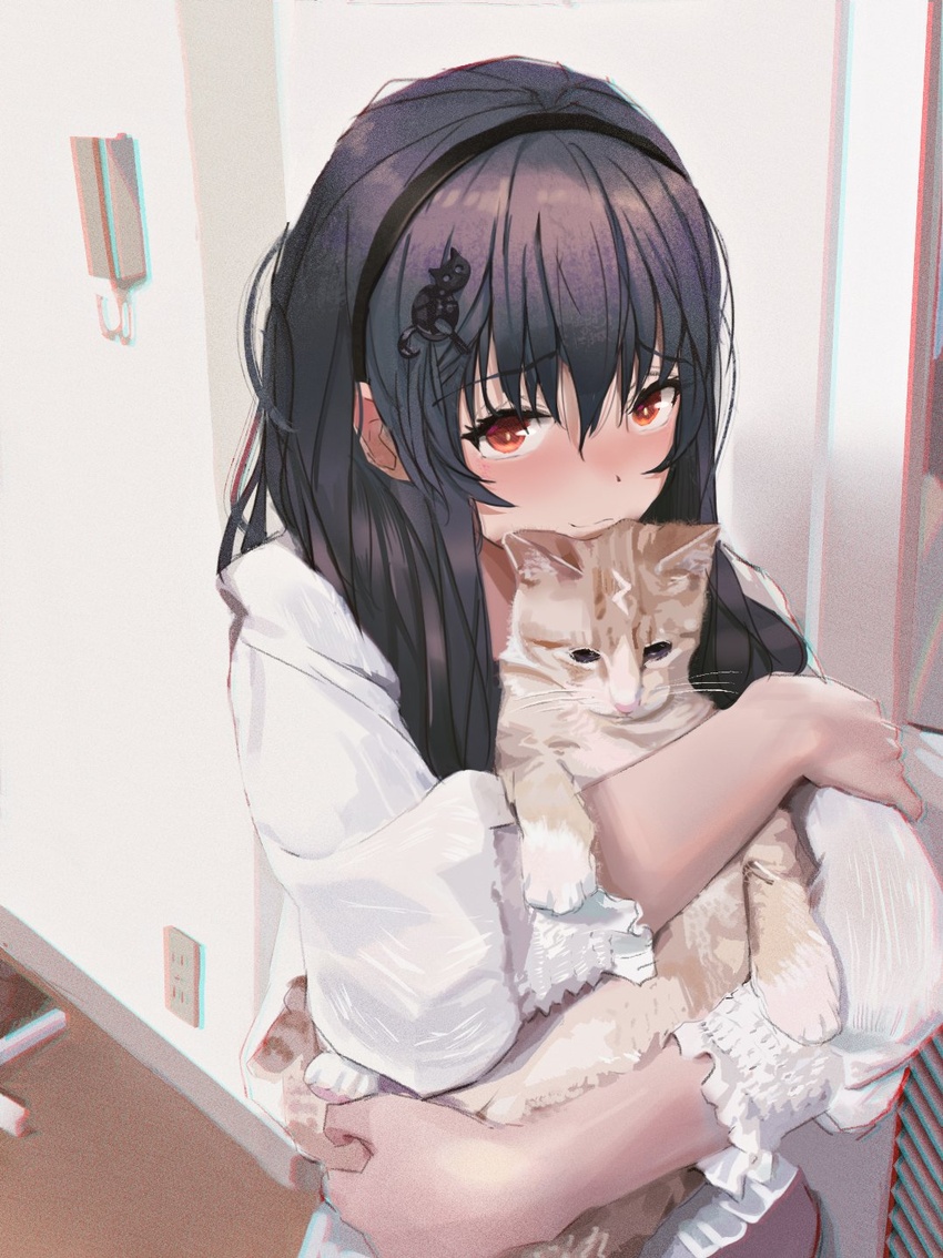 animal animal_hug black_hair black_hairband blush brown_cat cat_hair_ornament chromatic_aberration closed_mouth commentary electrical_outlet feline female film_grain hair_between_eyes hair_ornament hairband hairclip highres indoors kimi_to_kanojo_to_kanojo_no_koi. long_hair long_sleeves looking_at_viewer puffy_long_sleeves puffy_sleeves red_eyes shirt smile solo sone_miyuki tifg39 upper_body white_shirt