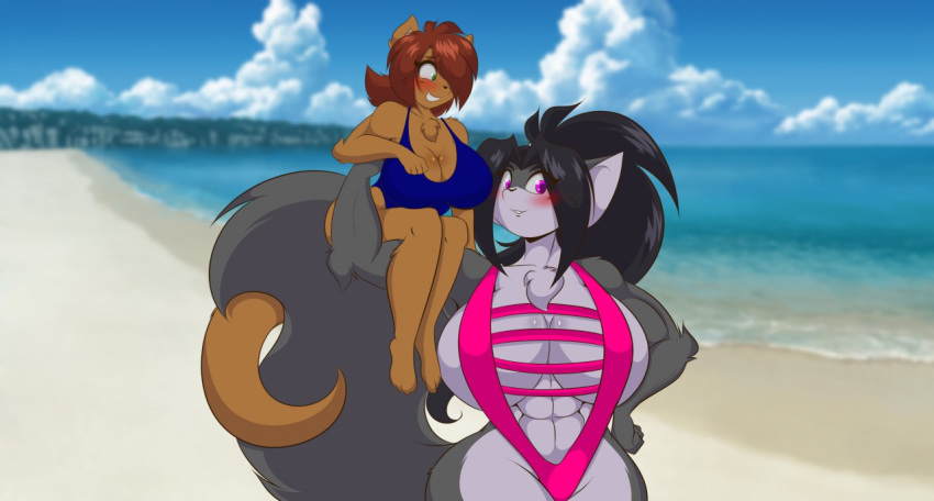 2018 5_fingers abs anthro belly big_breasts bikini biped blush breasts brown_body brown_fur clothing digital_media_(artwork) duo elexis eyelashes female fingers front_view fur green_eyes grey_body grey_fur huge_breasts huge_hips mammal mastergodai mrsamp muscular muscular_female mustelid musteline nintendo one-piece_swimsuit pokemon shazetta sling_bikini swimwear true_musteline weasel wide_hips