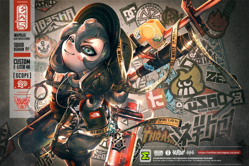 aviator_cap bad_id bad_pixiv_id charm_(object) decal e-liter_4k_(splatoon) english_text female gun hand_in_pocket ink_tank_(splatoon) nasaxxxx octoling octoling_girl octoling_player_character over_shoulder rifle scope smile sniper_rifle solo splatoon_(series) splatoon_2 tentacle_hair twitter_username weapon weapon_over_shoulder