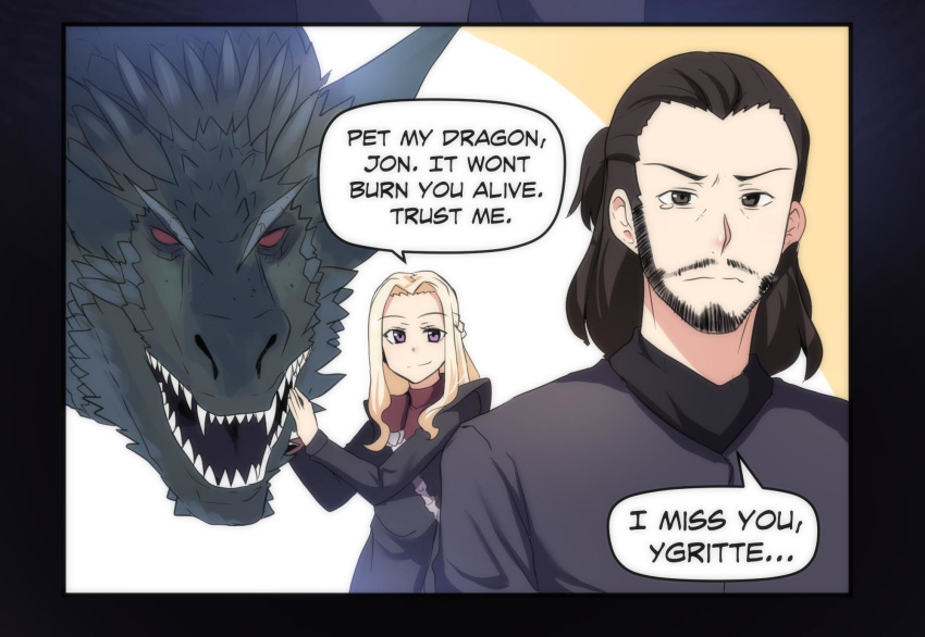 1boy blonde_hair braid brown_eyes daenerys_targaryen dragon drogon english_text female french_braid game_of_thrones highres hinghoi jon_snow long_hair petting purple_eyes speech_bubble teardrop yandere