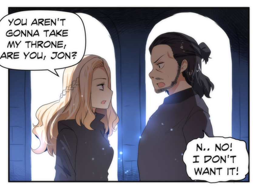 1boy angry beard black_dress black_hair blonde_hair castle daenerys_targaryen dress english_text facial_hair female game_of_thrones highres hinghoi jon_snow purple_eyes scared speech_bubble stubble yandere