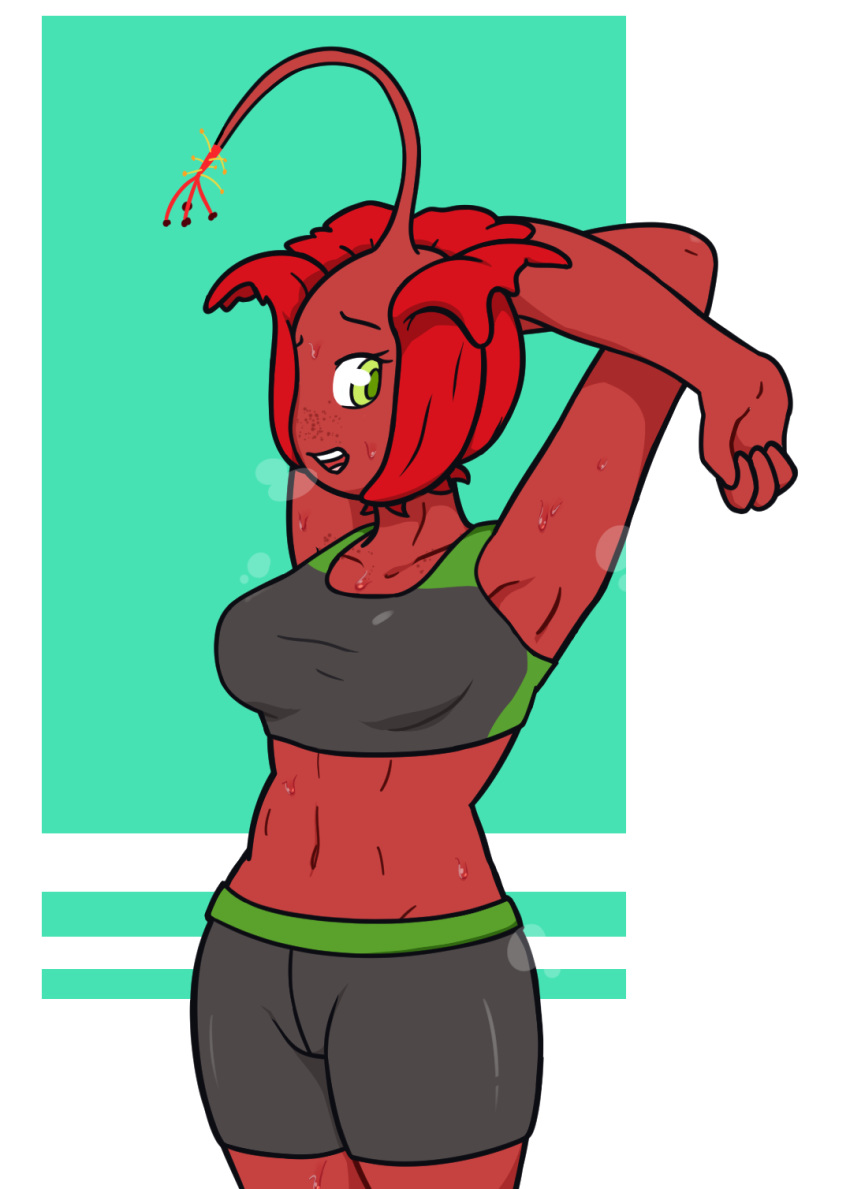 amapola bodily_fluids bottomwear bra clothed clothing freckles green_eyes hi_res krackdown9 plant red_body red_skin shorts simple_background solo spandex sports_bra sweat tight_clothing underwear