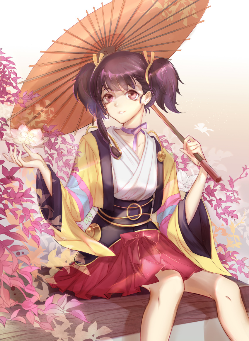 absurdres bow brown_eyes brown_hair choker commentary_request female flower highres holding holding_umbrella koutetsujou_no_kabaneri looking_at_viewer mumei_(kabaneri) oil-paper_umbrella parted_lips photoshop_(medium) purple_bow purple_choker purple_ribbon red_skirt rela_xixuegui ribbon ribbon_choker short_twintails sitting skirt solo twintails umbrella wide_sleeves