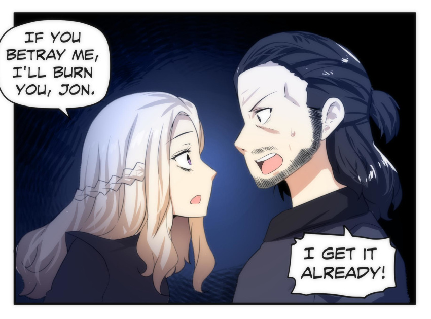 1boy aura beard black_dress black_hair blonde_hair daenerys_targaryen dark_aura dress english_text facial_hair female game_of_thrones glaring highres hinghoi jon_snow purple_eyes scared speech_bubble yandere