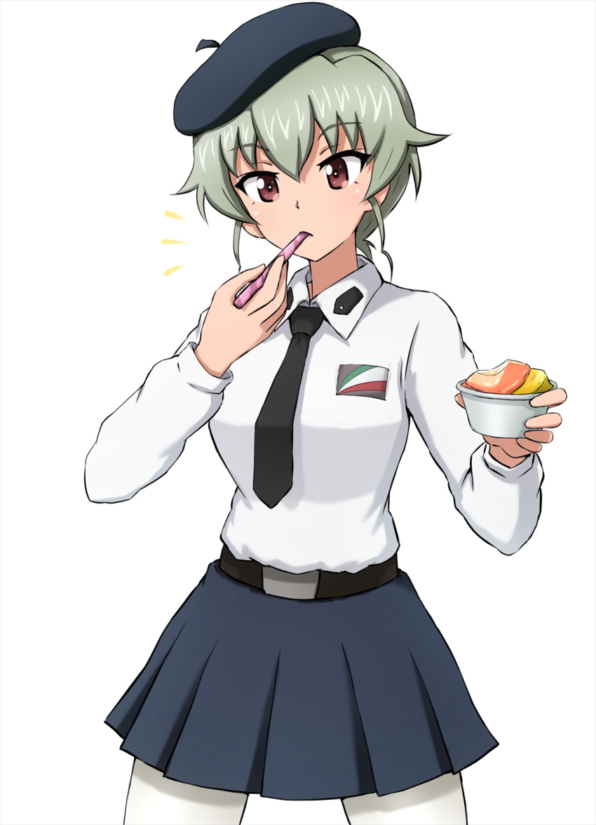 alternate_hairstyle anchovy_(girls_und_panzer) anzio_school_uniform belt beret black_belt black_hat black_necktie black_skirt commentary cowboy_shot dress_shirt eating emblem female food gelato_(food) girls_und_panzer green_hair hair_up hat highres holding holding_food holding_spoon long_sleeves looking_at_viewer miniskirt necktie notice_lines omachi_(slabco) pantyhose pleated_skirt red_eyes school_uniform shirt short_hair simple_background skirt solo spoon standing utensil_in_mouth white_background white_shirt