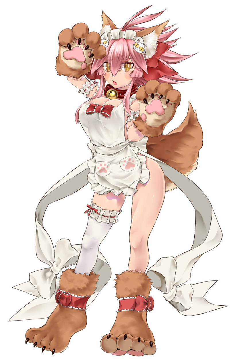 animal_ear_fluff animal_ears animal_hands apron bell blush_stickers breasts cat_hair_ornament cat_paws cleavage collar commentary_request fangs fate/grand_order fate_(series) female fox_ears fox_girl fox_tail gloves hair_ornament hair_ribbon highres jingle_bell large_breasts long_hair looking_at_viewer maid_headdress naked_apron neck_bell open_mouth paw_gloves paw_pose paw_shoes pink_hair ponytail red_ribbon ribbon shoes simple_background solo tahira_ureka tail tamamo_(fate) tamamo_cat_(fate) tamamo_cat_(third_ascension)_(fate) white_background yellow_eyes