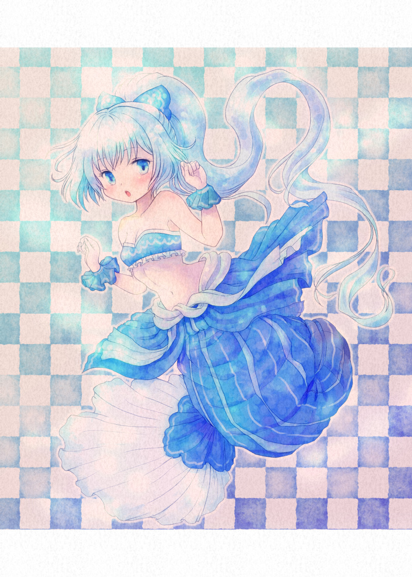 :o absurdres bad_id bad_pixiv_id bandeau bare_shoulders blue_bow blue_eyes blue_hair blue_skirt blue_theme bow checkered_background collarbone female flower_knight_girl frills full_body hairbow high_ponytail highres long_hair looking_at_viewer midriff navel nerine_(flower_knight_girl) nonisakuwana open_mouth ponytail skirt solo w_arms wrist_cuffs