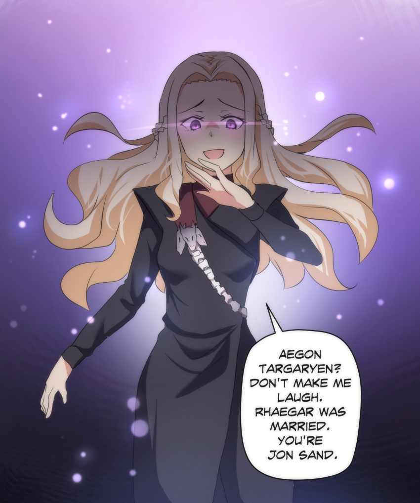 black_dress blonde_hair braid daenerys_targaryen dress english_text evil_smile female french_braid game_of_thrones glowing highres hinghoi long_hair purple_background purple_eyes smile speech_bubble yandere