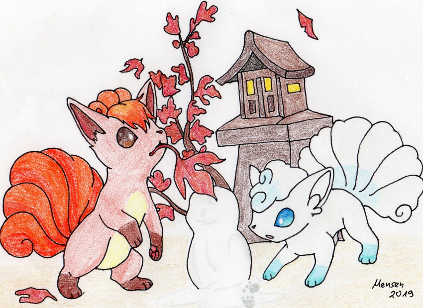 2019 alolan_form alolan_vulpix ambiguous_gender blue_eyes duo fur generation_1_pokemon generation_7_pokemon hi_res looking_down mammal maple_(disambiguation) mensen_(artist) multi_tail nintendo open_mouth paws pokemon pokemon_(species) regional_form_(pokemon) signature simple_background snow tail vulpix white_background white_body white_fur worried