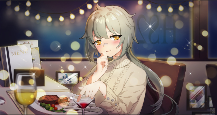 anthro bandaid blush drink food girls_frontline gray_hair hs2000_(girls_frontline) long_hair night ponytail waifu2x watermark yellow_eyes yuzu-lattee