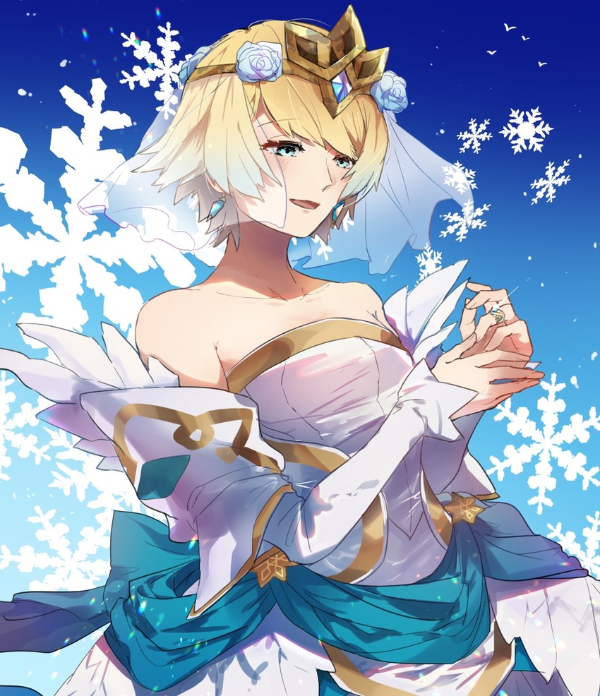 bad_id bad_twitter_id blonde_hair blue_background blue_eyes blue_flower blue_hair bride bride_(fire_emblem) commentary_request crown dress earrings female fire_emblem fire_emblem_heroes fjorm_(bridal)_(fire_emblem) fjorm_(fire_emblem) flower gradient_background hair_flower hair_ornament haru_hikoya highres jewelry multicolored_hair open_mouth ring short_hair simple_background snowflakes solo strapless strapless_dress upper_body veil wedding_dress white_dress