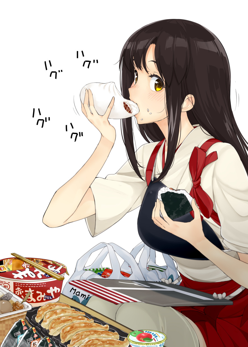 absurdres akagi_(kancolle) amami_amayu apron bag baozi black_hair brown_eyes commentary_request cowboy_shot cup_ramen dumpling eating female food highres instant_udon japanese_clothes jiaozi kantai_collection long_hair looking_at_viewer maruchan_akai_kitsune_udon muneate onigiri plastic_bag simple_background sitting solo straight_hair tasuki thighhighs white_background white_thighhighs