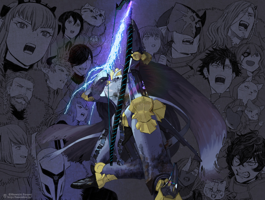 6+boys 6+girls aiden_the_holy_sword animal_ears arrow_(projectile) artist_name beard berg_(pixiv_fantasia_last_saga) black_hair braid cape clenched_hand clenched_teeth commentary_request der_vasa_rau facial_hair feline fur furumi_showichi hair_over_one_eye helmet hervarar highres horns keivan leon_the_southern_conquest_general long_hair manul_the_knight_of_the_fist mask mecha moustache multiple_boys multiple_girls oerba_yun_fang one-eyed oscar_the_frozen_sea_admiral pixiv_fantasia pixiv_fantasia_last_saga pointy_ears quintica_chief_of_the_polar_night robot scar sharp_teeth short_hair shouting standing teeth vermelia watermark web_address yuki_the_empress'_aide zera_the_hornless_empress