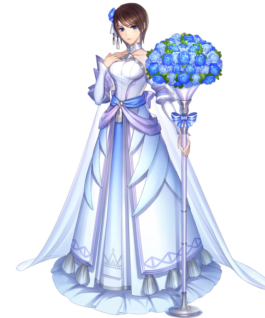 bare_shoulders blue_eyes breasts bride brown_hair closed_mouth collarbone dress female fire_emblem fire_emblem:_path_of_radiance fire_emblem_heroes flower full_body hair_ornament halterneck hand_on_own_chest hand_up highres holding lips looking_at_viewer medium_breasts official_art s0ad096 short_hair solo standing tanith_(bridal)_(fire_emblem) tanith_(fire_emblem) transparent_background wedding_dress white_dress