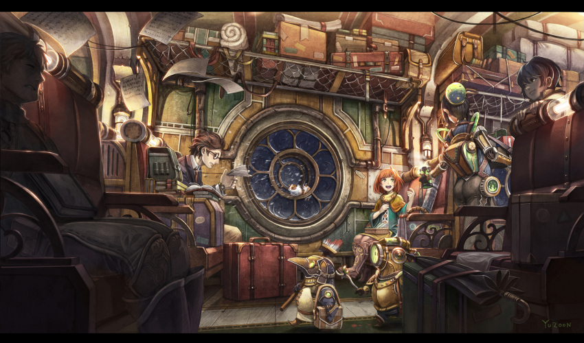 2boys 2girls arm_support brown_hair commentary fantasy formal glasses green_eyes guinea_pig happy highres indoors letterboxed loaded_interior long_hair looking_at_another looking_to_the_side luggage mikan_yuzuko multiple_boys multiple_girls orange_hair original paper photoshop_(medium) plague_doctor_mask reading round_window scenery short_hair signature sitting snowing steam steampunk suit suitcase train_attendant train_interior travel_attendant umbrella window