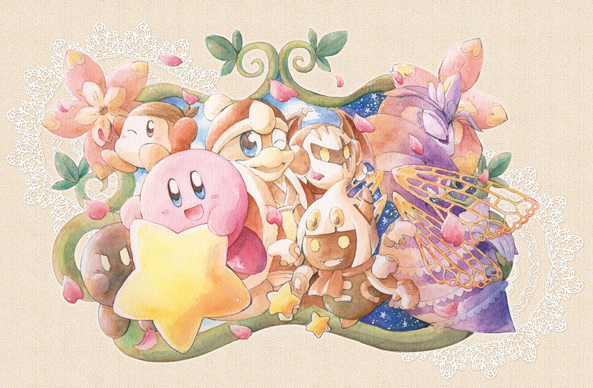 bandana_waddle_dee blue_eyes blue_sky commentary_request dark_meta_knight flower king_dedede kirby kirby:_triple_deluxe kirby_(series) lace leaf looking_at_viewer looking_away no_humans one_eye_closed petals plant queen_sectonia rayman_limbs red_eyes satou_kairi_(u-garden) shadow_kirby sky smile star_(sky) star_(symbol) starry_sky taranza vines warp_star yellow_eyes