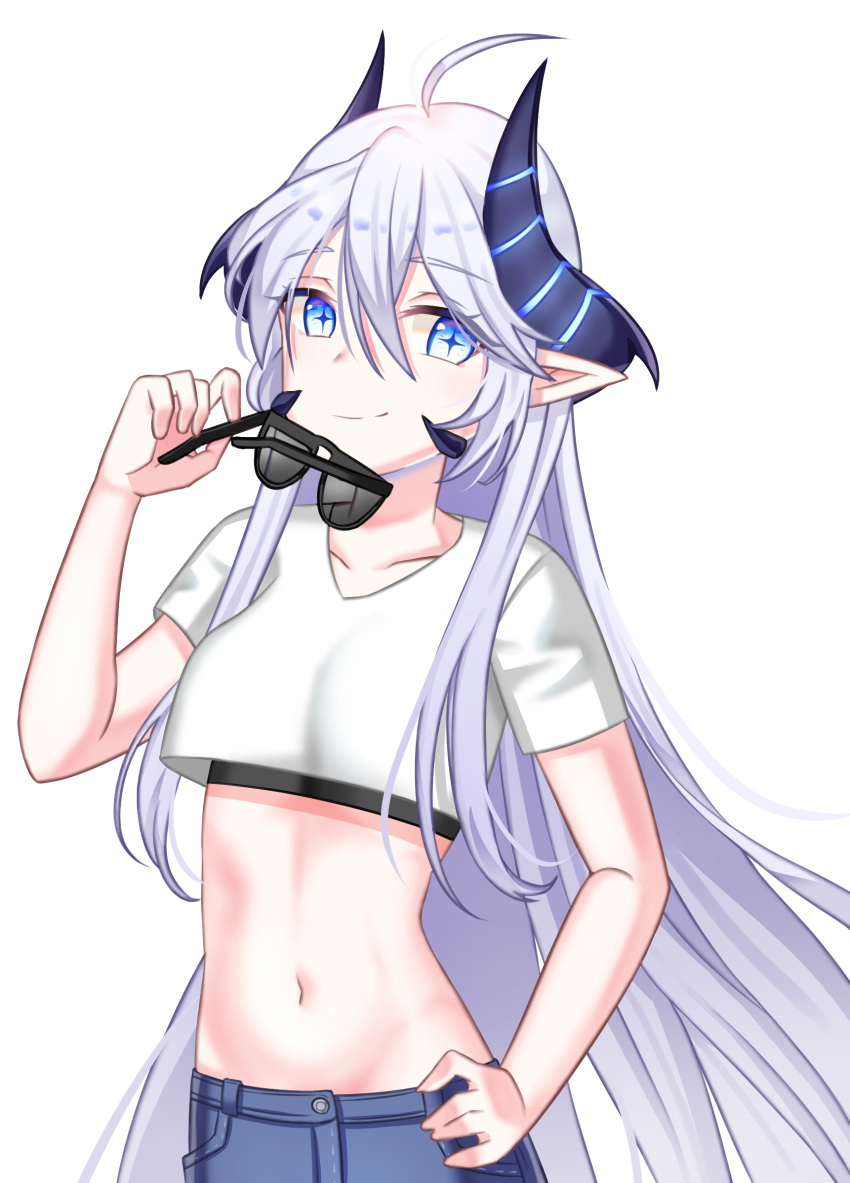 ahoge black-framed_eyewear blue_eyes collarbone commentary_request cookiegoon crop_top elsword female floating_hair grey_hair hand_on_own_hip highres holding holding_removed_eyewear horns iblis_(elsword) long_hair looking_at_viewer luciela_r._sourcream midriff navel pointy_ears shirt short_sleeves simple_background smile solo standing stomach sunglasses symbol-shaped_pupils unworn_eyewear very_long_hair white_background white_shirt