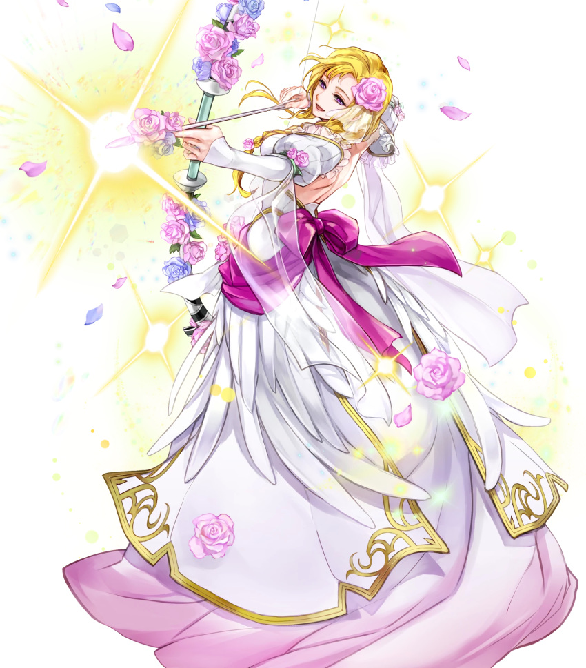 arrow_(projectile) blonde_hair bow_(weapon) braid breasts bride dress feather_trim female fire_emblem fire_emblem:_the_blazing_blade fire_emblem_heroes flower full_body hair_ornament highres holding holding_bow_(weapon) holding_weapon long_hair louise_(bridal)_(fire_emblem) louise_(fire_emblem) medium_breasts official_art open_mouth petals purple_eyes single_braid smile solo sparkle strapless strapless_dress transparent_background wada_sachiko weapon wedding_dress white_dress