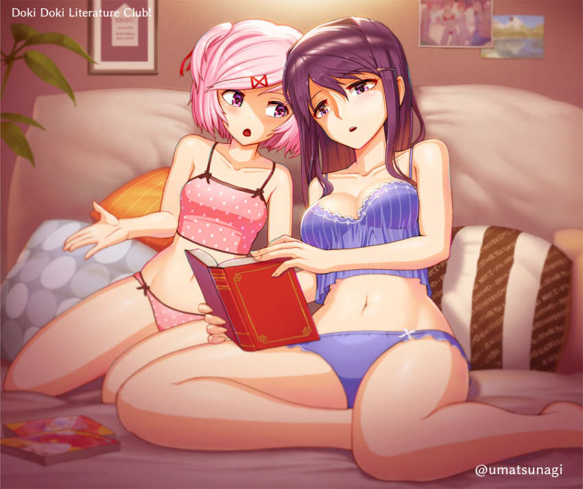 2girls big_breasts breasts doki_doki_literature_club female female_only matching_hair/eyes matching_hair_and_eye_color multiple_girls natsuki_(doki_doki_literature_club) panties picture_(object) picture_frame pink_eyes pink_hair pink_panties print_panties purple_eyes purple_hair reading reading_book umatsunagi underwear wholesome yuri_(doki_doki_literature_club)