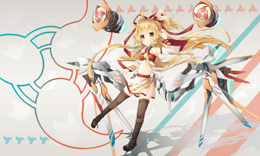 absurdres armpits black_thighhighs blonde_hair blush commentary detached_sleeves drum female granblue_fantasy hair_ornament hair_ribbon highres instrument long_hair lr_(last_remote_514) machinery mahira_(granblue_fantasy) mecha_musume navel parted_lips red_eyes ribbon simple_background solo taiko_drum thighhighs two_side_up wind zettai_ryouiki