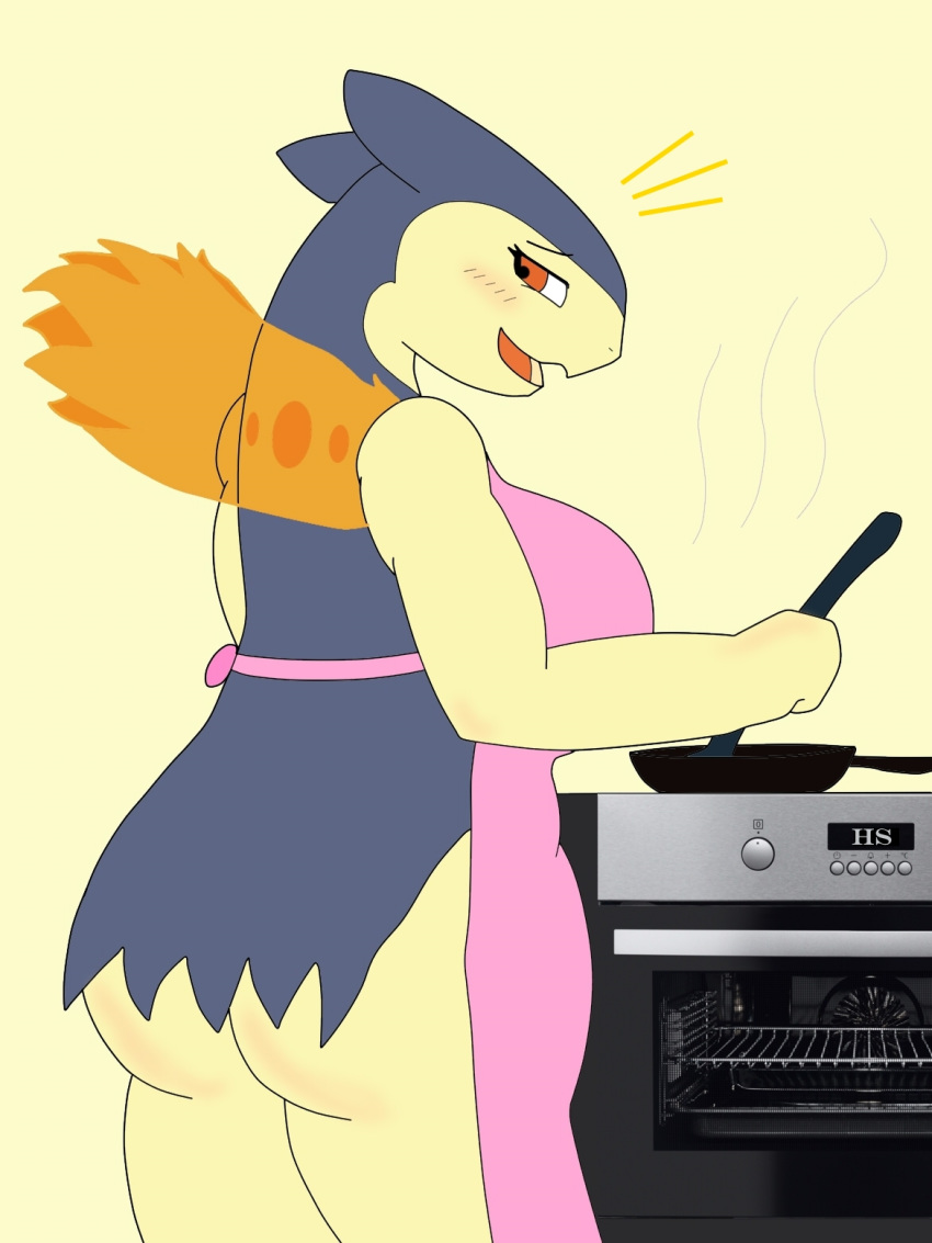 3:4 anthro apron apron_only ass bodily_fluids breasts clothing cooking cute_fangs eyelashes female fire fur generation_2_pokemon hi_res hoodie_stalker looking_back mammal mostly_nude mustelid nintendo open_mouth pokemon pokemon_(species) red_eyes simple_background slightly_chubby smile solo standing sweat typhlosion yellow_body yellow_fur