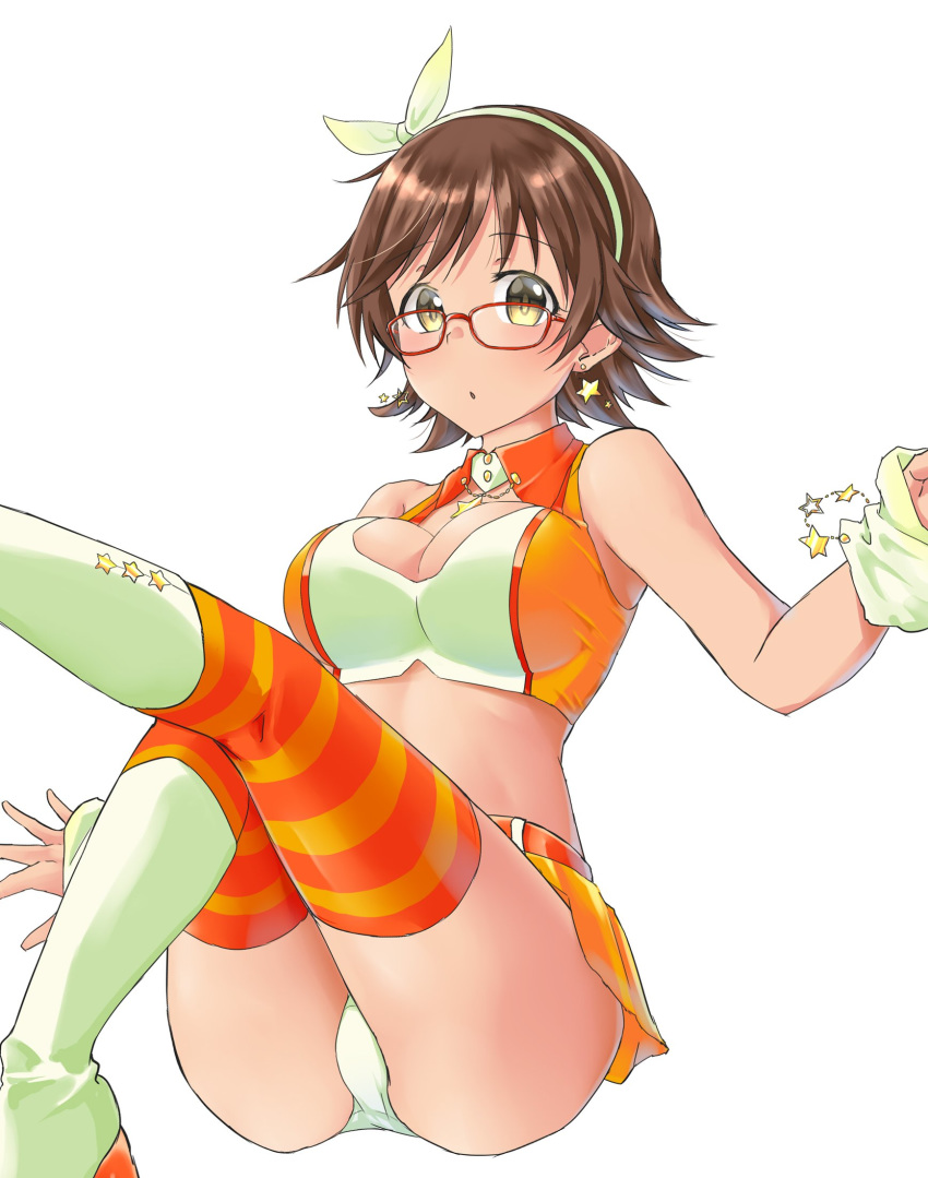 aimobake ass bad_id bad_twitter_id bare_shoulders boots breasts brown_hair cleavage crop_top earrings female glasses hairband highres honda_mio idolmaster idolmaster_cinderella_girls jewelry large_breasts leg_up looking_at_viewer midriff miniskirt orange_skirt orange_thighhighs panties parted_lips red-framed_eyewear short_hair skirt sleeveless solo star_(symbol) striped_clothes striped_thighhighs sunset_nostalgie_(idolmaster) thighhighs underwear white_panties wing_collar yellow_eyes