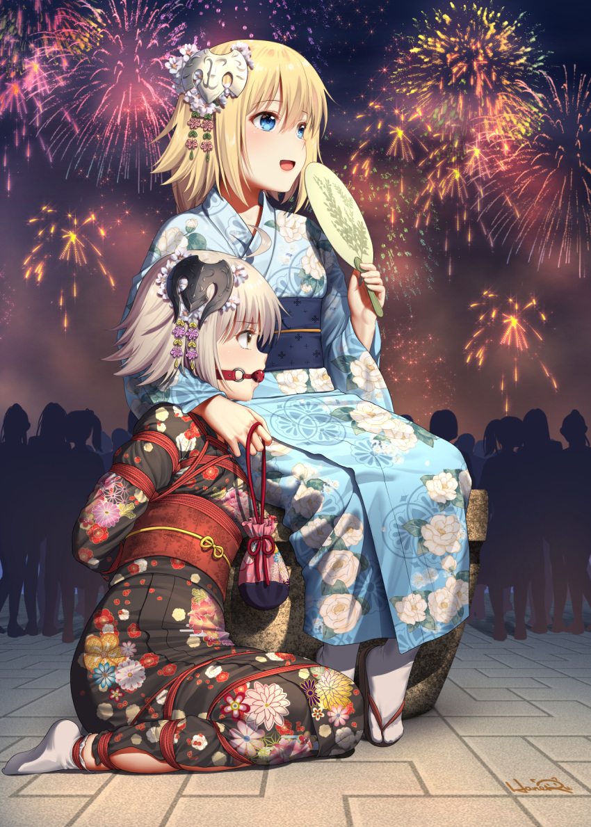 2girls :d aerial_fireworks ahoge arm_around_shoulder arms_behind_back asa_no_ha_(pattern) ball_gag blonde_hair blue_eyes blush bondage bondage bondage bound bound_arms bound_legs camellia_print crowd fate/apocrypha fate/grand_order fate_(series) femdom fireworks floral_print full_body gag gagged grey_hair hair_ornament hand_fan haneru highres holding holding_fan japanese_clothes jeanne_d'arc_(fate) jeanne_d'arc_(ruler)_(fate) jeanne_d'arc_alter_(avenger)_(fate) jeanne_d'arc_alter_(fate) kanoko_(pattern) kanzashi kikumon kimono kinchaku looking_afar multiple_girls night no_shoes obi obijime on_ground open_mouth outdoors paper_fan pavement plum_blossom_print pouch public_bondage red_rope rope saliva sandals sash seiza sett shibari_over_clothes short_hair signature sitting sky smile tabi tsumami_kanzashi uchiwa wiffle_gag yellow_eyes yukata yuri