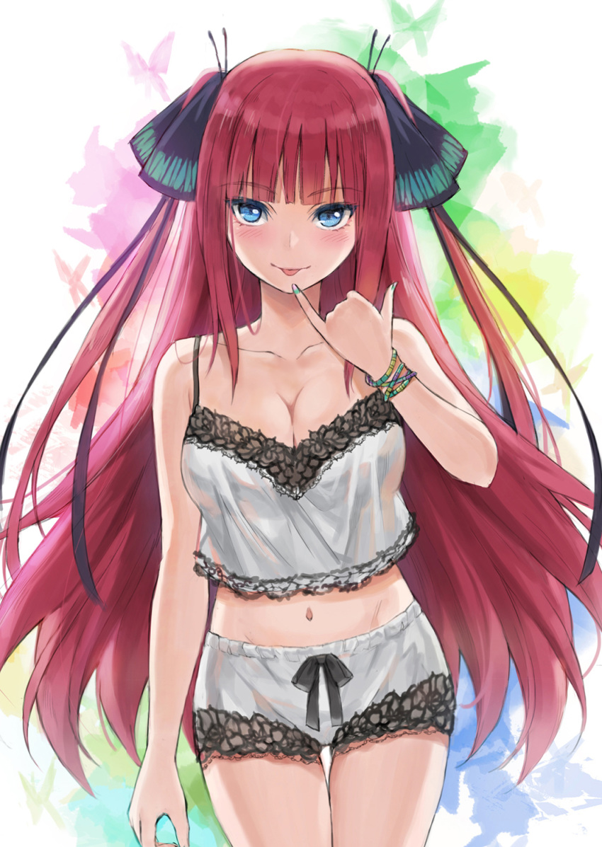 :p blue_eyes blunt_bangs blush bow_shorts bracelet breasts butterfly_hair_ornament camisole cleavage collarbone commentary female finger_to_mouth frilled_shorts frills go-toubun_no_hanayome hair_ornament hair_ribbon highres jewelry lace-trimmed_shorts lace_trim large_breasts lingerie long_hair looking_at_viewer midriff nakano_nino navel photoshop_(medium) pinky_to_mouth red_hair revision ribbon shorts simple_background solo standing thigh_gap tonee tongue tongue_out underwear very_long_hair white_camisole white_shorts