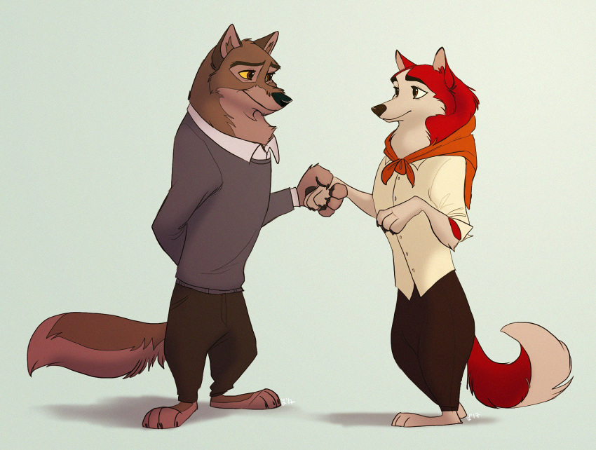 4_fingers 4_toes anthro anthrofied balto balto_(series) bottomwear breasts canid canine canis clothing domestic_dog duo feet female fingers fur hi_res husky hybrid jenna_(balto) male mammal nordic_sled_dog pants ritwell smile spitz standing sweater toes topwear universal_studios wolf wolfdog