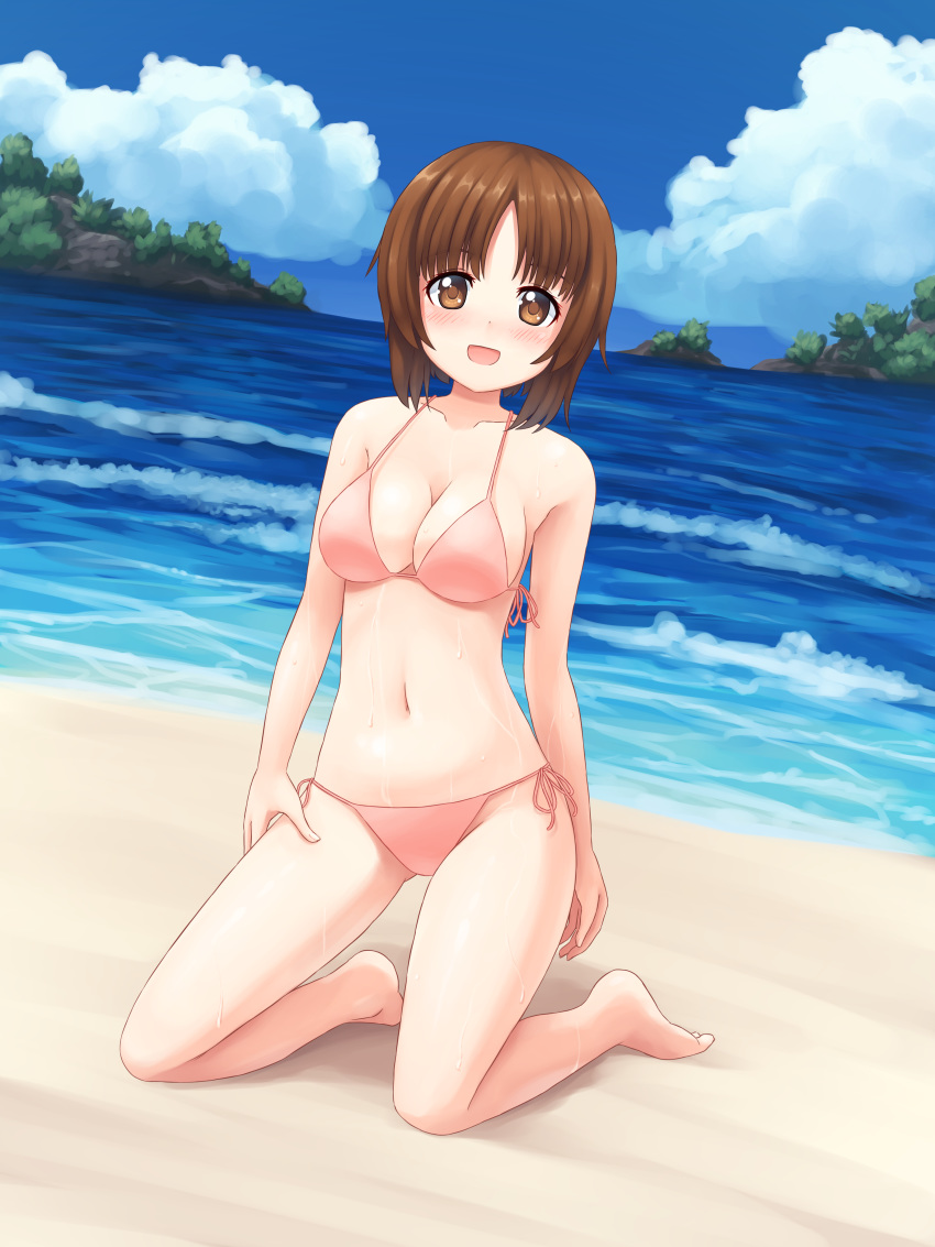 absurdres aposine beach bikini blue_sky breasts brown_eyes brown_hair cleavage cloud collarbone day female full_body girls_und_panzer highres kneeling looking_at_viewer medium_breasts mountain navel nishizumi_miho ocean open_mouth outdoors paid_reward patreon_reward pink_bikini sand short_hair side-tie_bikini_bottom sky smile solo string_bikini swimsuit waves